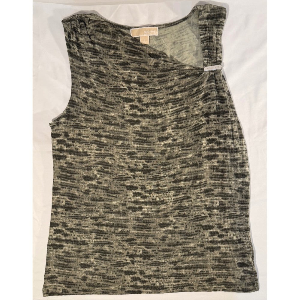 Michael Kors Womens Green Black Abstract Print Draped Logo Tank Top Large